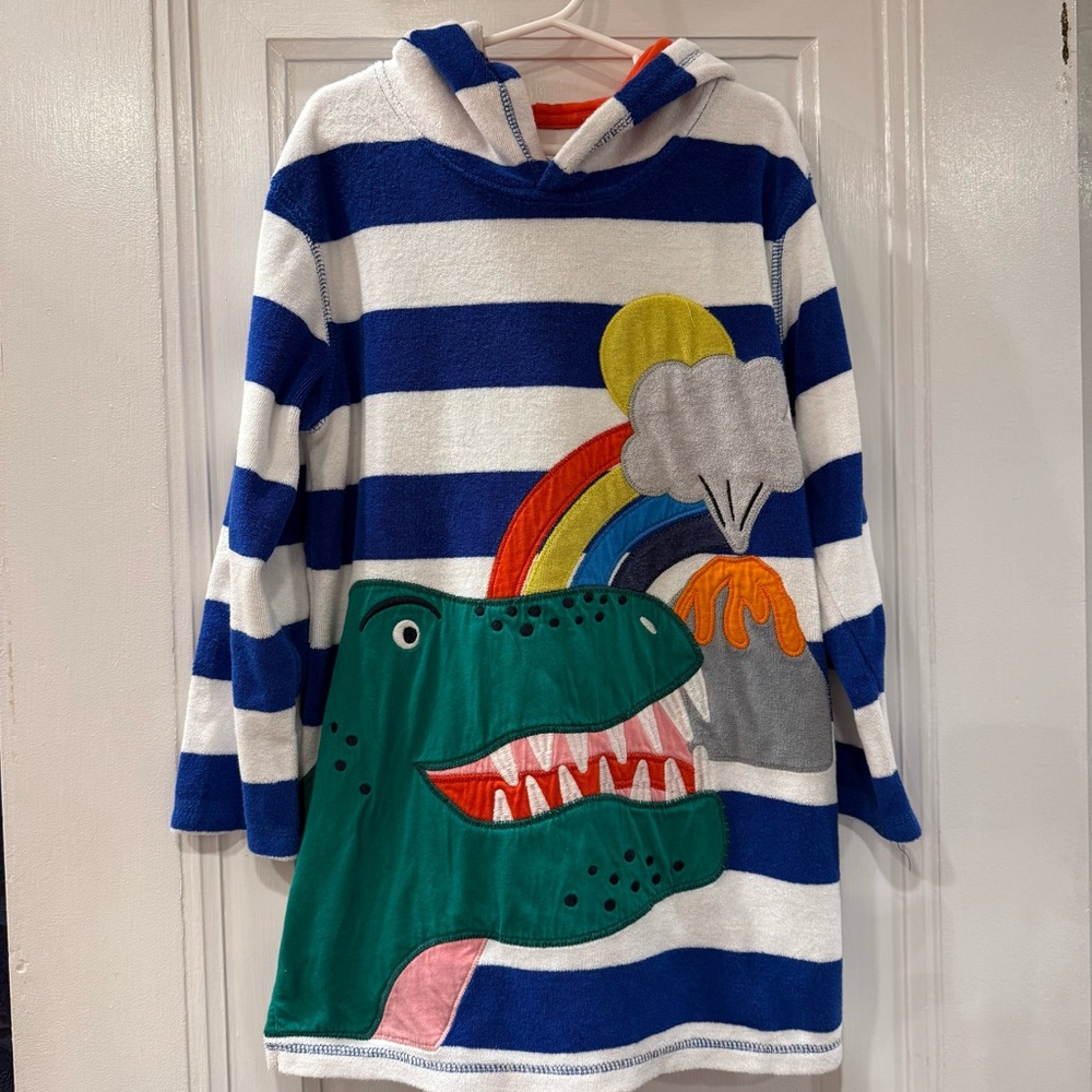 Mini Boden Striped Dinosaur Hooded Towel, size 7-8Y